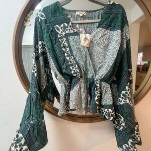 NWT Easel Boho Green Patterned Top